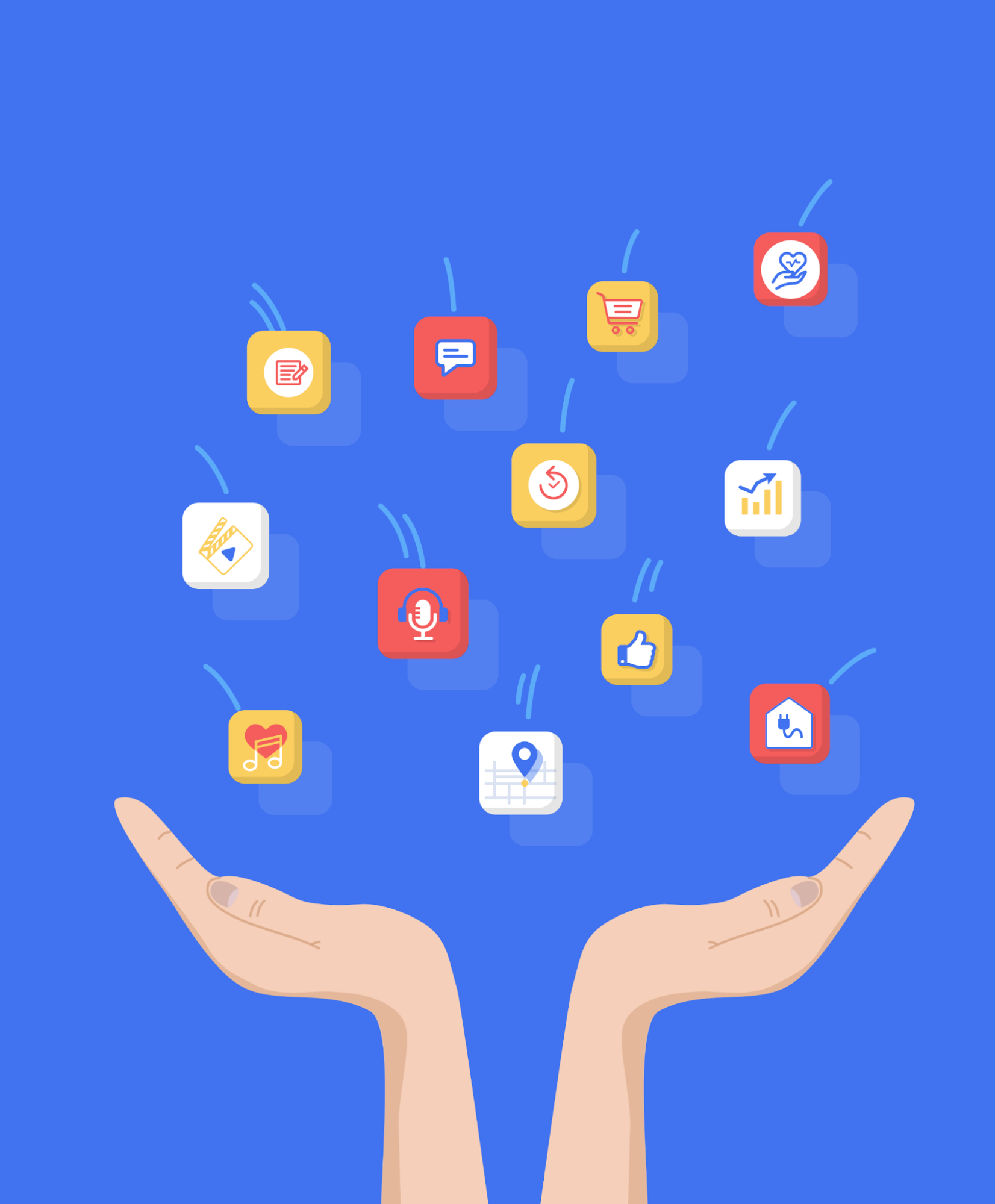 Two cupped hands cradling colorful app icons floating upward against a blue background.