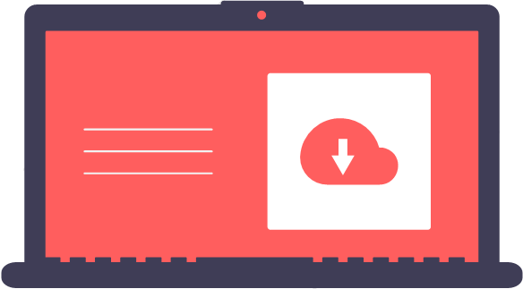 A red laptop showing a download icon on its screen.